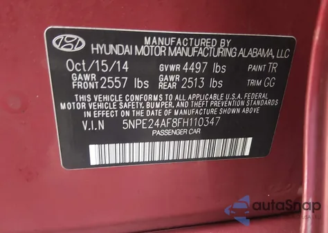 2015 Hyundai Sonata Se из США, поврежденный, VIN 5NPE24AF8FH110347